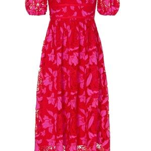 Monique Lhuillier Red and Pink Floral Lace Off the Shoulder Midi Dress